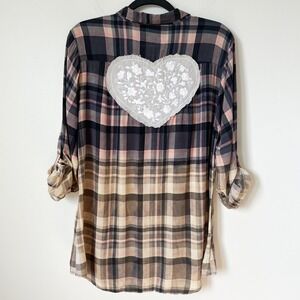 Boho Jane Plaid Ombre Button Up Tunic Top Embroidered Floral Heart Womens Medium